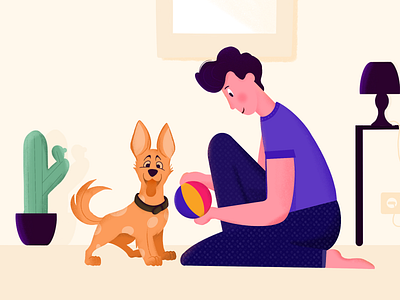 Playing With Dog art ball color design dog dribbble invite illustration man plant playing procreate relax vector wall