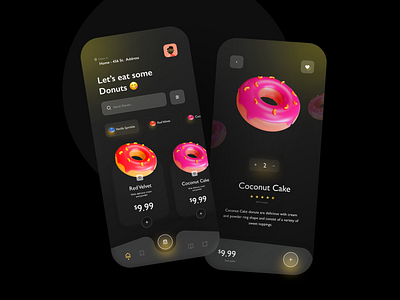 Donuts App 🍩😋- Dark Version 3d 3dmodelling animation app concept branding c4d cute donut app design flat food app design icon liquid motion minimal mobile sweets donuts app plastic sweet tooth typography ui ux vector illustration