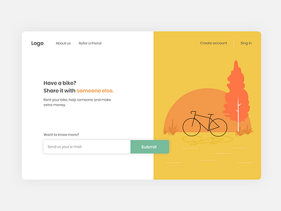 Daily UI 03 - Landing page bike dailyui draw illustration ilustration interface landingpage landscape orange plants ride sun trees ui vector yellow