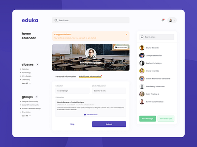 Eduka Teacher Profil Page chat class design education groups home homepage profile teacher ui uidesign ux uxui