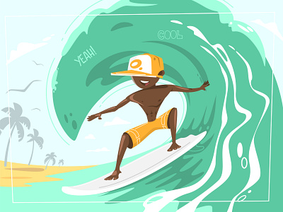 Big wave rider beach cartoon exotic flat fun illustration man ocean paradise person sport summer surfboard surfer surfing travel vacation vector water wave