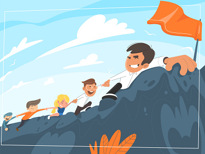 Boss leads achievement business businessman cartoon colleagues competition finance flat goal hands illustration leader leads mountain office people reach target up winner