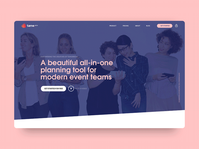 Tame Home animation event events landing management pink saas ui ux web