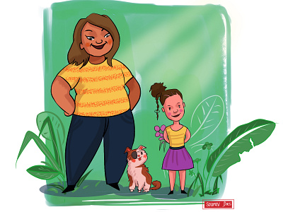 mom daughter and pet adobe photoshop charactedesign character concept design digital drawing illustraion lineart style ui
