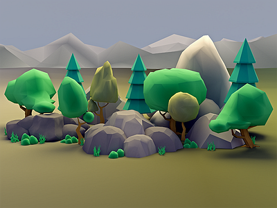 Low-poly Environment Assets 3d 3dmodel 3dsmax assests lowpoly modeling render rocks trees vray