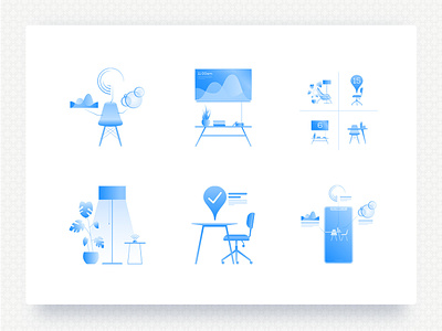 Illustrations for a smart office space analytics auckland beacons chairs design desk space devices graphs icons illustration mid century mobile monstera office space stats tv screen ui vector web