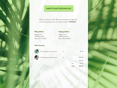 Daily UI #017 confirmation email dailyui ecommerce email plants receipt shoppingui uidesign uxdesign