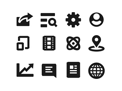 News Aggregator Icons app black black white glyphs icons icons set menu news options program search share symbols ui