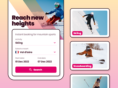 Mountain sports bold button cards form gradient mobile outlines pastel shadow skiing sport strokes tiles typography ui web