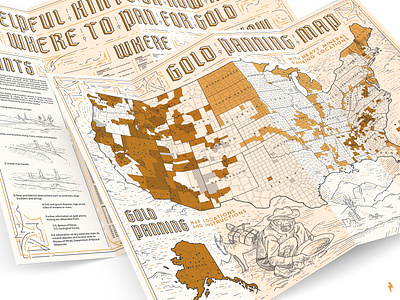 Gold Panning Map branding character creek flat gold graphic design horse icon illustration linework map mountain panning river states typography usa ux vector vintage