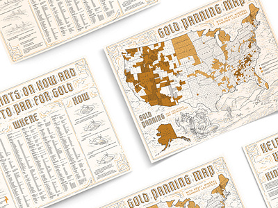 Gold Panning Map 2 character county creek gold rush horse instructions location map mineral mining mountain nugget pan prospector river state typography usa ux vintage