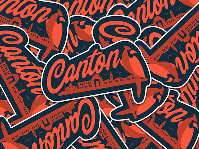 Canton Sticker bird branding canton cardinal city city emblem emblem flat graphic design horizon icon illustration linework logo mark ohio skyline sticker two colors vector