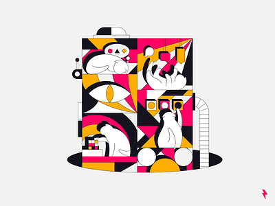 Machine Learning ai art deco branding cat cats character eye flat graphic design illustration linework machine learning puzzle robot rubik rubiks cube ui ux vector vintage