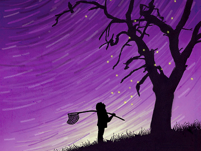 Fireflies design fireflies illustration kidlitart net night time silhouette stars tree