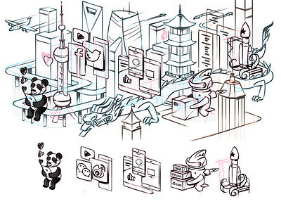 Ping Pong Digital city concept art character design china city concept art design dragon drawing icons illustration panda shanghai sketch skyscraper ui web design