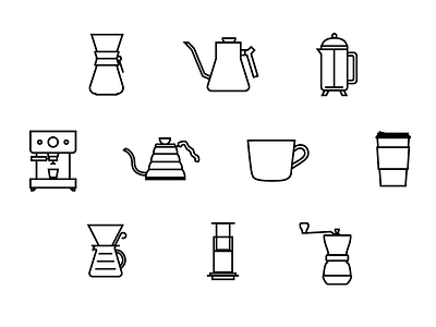Coffee Line Icons aeropress barista coffee coffee cup coffee grinder espresso espresso machine french press grinder icon iconography icons illustration kettle linecon linecons v60 vector