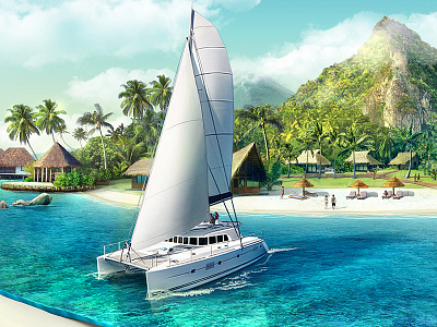 royal island 3d beach illustration island retouching sea yacht