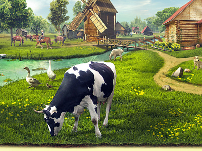 Compound compound cow illustration matte painting village