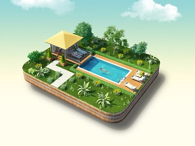 Island with pool 3d 3dmax creative art design island photoshop pool retushing viewup vray