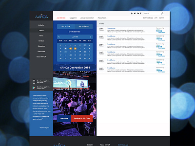 Events Page blue calendar convention download app events events page footer interface navi ui web design