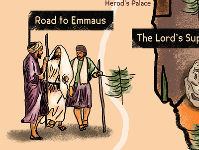 Road to Emmaus - Luke 24:13-35 bible desciples easter emmaus god illustration jesus jesus christ magazine map resurrection texture trees