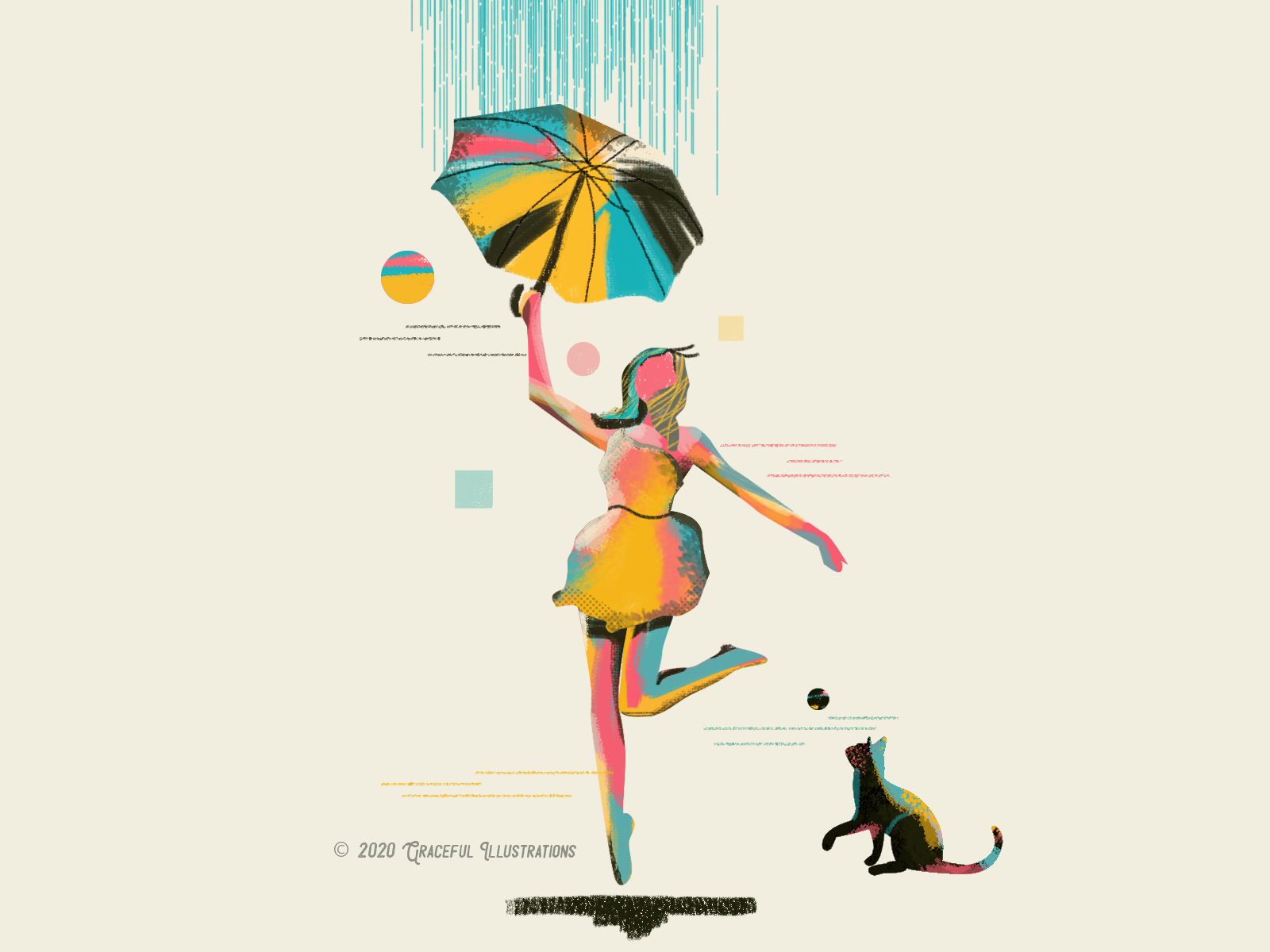 Umbrella girl beige cat color colour design fun girl graceful illustrations illustration kitty paint photoshop rain texture umbrella vector