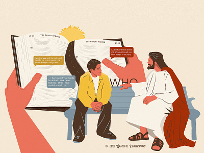WHO is Jesus to you? bench seat bible conversation design friend girl illustration jesus christ life man saviour talking texture the life the truth the way vector woman young youth