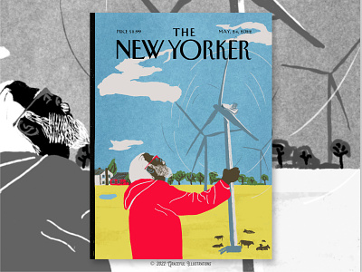 Close up of 'The New Yorker' art air animals clean air country cows farm farmhouse giant grass illustration life man power powerful relax surreal texture trees turbine wind