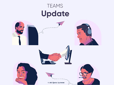 Teams update banner characters colleagues design discussion groups illustration imac management meetings microsoft teams ms online pc people teams texture vector work