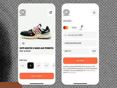 Checkout / CNCPTS -- OFF WHITE / DailyUI 002 app apple checkout credit card dailyui dailyui 002 design figma inputs interface ios knowledge mobile nike off white payment product ui ux visual