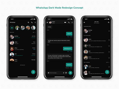 WhatsApp Dark Mode Redesign Concept chat app clean concept dark dark mode dark theme dark ui design figma figma design flat message app minimal mobile redesign ui user experience user interface ux whatsapp