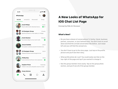 A New Looks of WhatsApp for IOS Chat List Page android app chat conversation facebook instagram ios light message minimal mobile app modern redesign san francisco simple