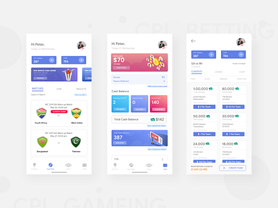 CPL Betting game app banner betting bottom menu card view clean concept cricket design digital gaming app gradient illustration interface ios match mobile app simple ui wallet