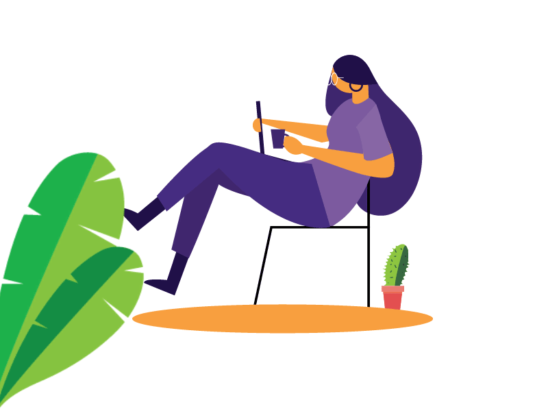 music maniac animation chairs girl character illustration laptop leaves music music album music artwork music enjoying girl plant illustration plantainleaf rock music sitting tea cup vector animation working mood