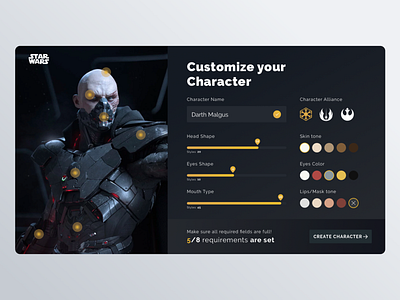 Game Character Customisation Settings Page 007 clean concept dailyui dailyui 007 dark darth malgus design desktop game idea settings settings page star wars ui ux yellow