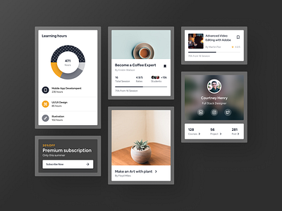 Re usable card components app banner branding campaign card cards ui clean course dailyui design dribbble figma layout listing marketing piechart progressbar typography ui ux