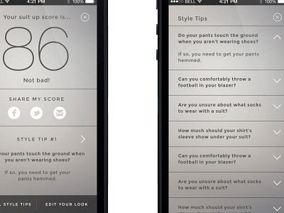 Suit Up App - Rating screen and Style Tips accordion app arrows blur interface ios7 share soft suit tips ui