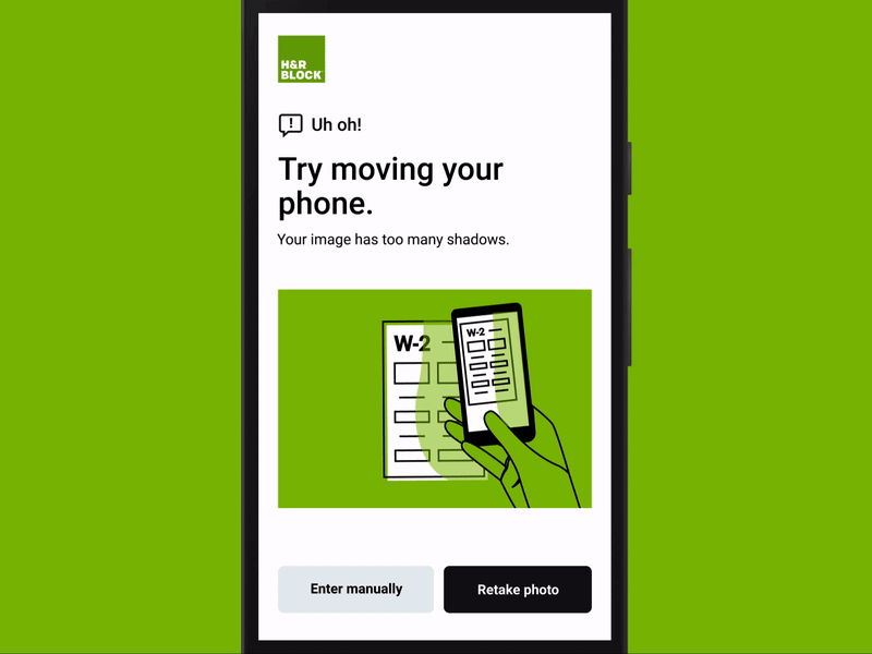 Take a pic of your W-2 — Shadows animation error help illustration instructions mobile pic