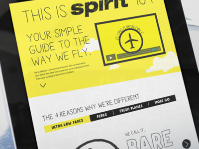 Spirit 101 Page airline arrow buttons handwritten microsite navigation responsive tablet ui video website yellow