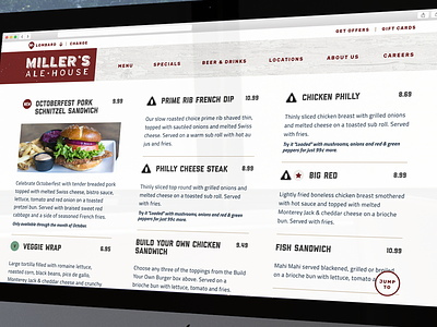 Miller's Ale House Menu Page 40digits anchor burger grid icons jump to labels new pricing responsive restaurant ui
