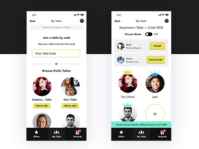 Loyalty App — Invite Members to My Table app browse checked in invite level up mobile notification profiles redeem ui