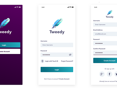 Tweedy — Design Concept app buttons colors create account gradient login logo mobile signup touch id ui