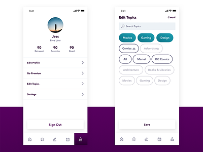 Tweedy — Design Concept 2 account buttons gradient mobile app profile tags topics ui