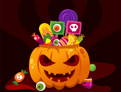 Halloween candy with pumpkin busket!! candy cartoon esports graphic design halloween holiday horror illustration logo mascot pumpkin