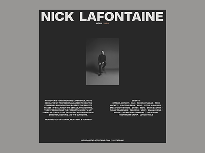Nick Lafontaine - Info page exploration brand branding contact dark design layout logo photographer photography typography web website