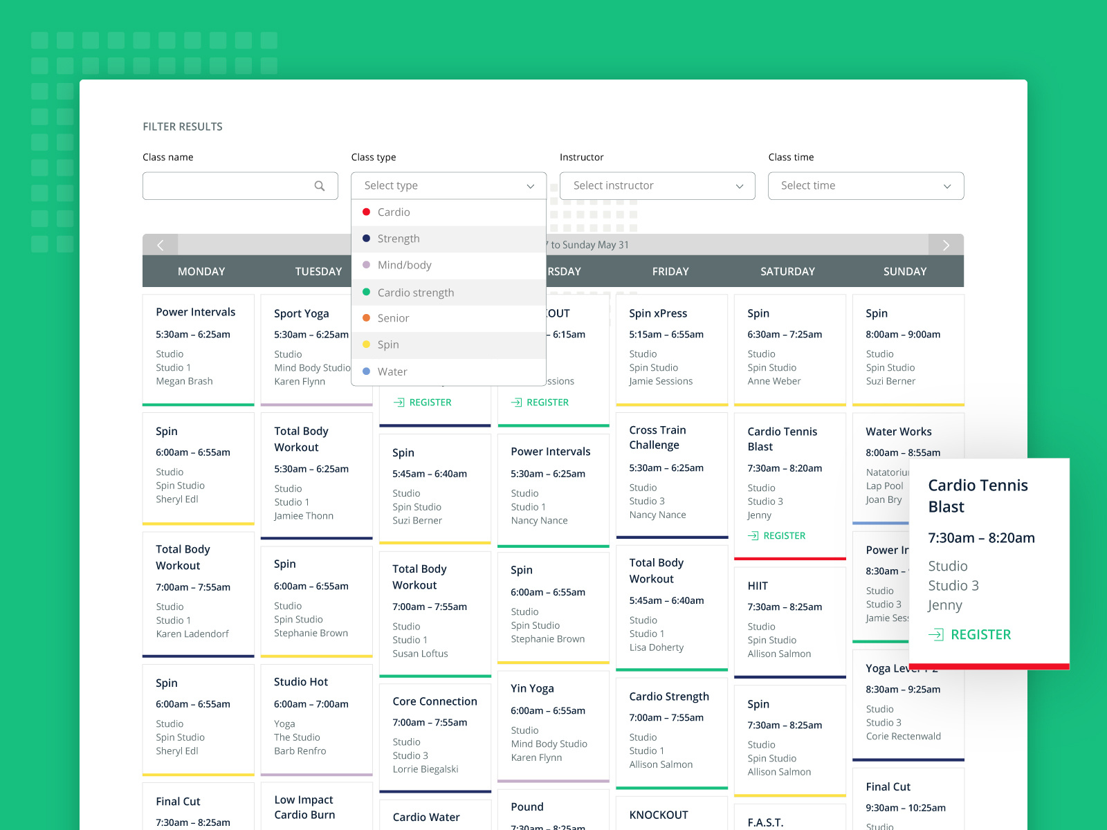 Exercise Class Schedule by Kasia Plucinski for LLT Group on Dribbble