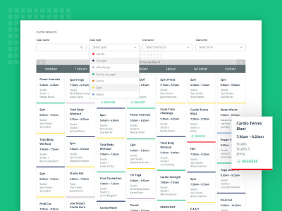 Exercise Class Schedule calendar class exercise filters schedule table ui ux web design workout