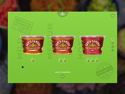 Sam's Famous Salsa :: Product Hero animation colors ecommerce food fresh hover hover animation ingredients interaction product product design salsa stamp ui ux web website
