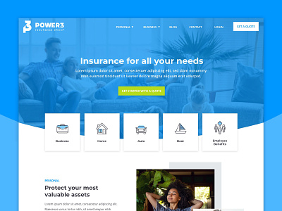 Power 3 :: Homepage Hero blue cards hero home homepage icons insurance online quote ui ux web web design website