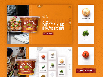 Sam's Famous Salsa :: Product Views card style ecommerce food fresh green ingredients nutrition onion orange product product design product details red salsa sketch texture tomato ui web website